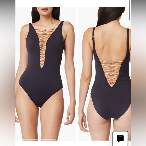 Women's Bleu Core-Lace-Down Mio One-Piece Swimsuit Black/Gold Size 6 - Picture 2 of 14